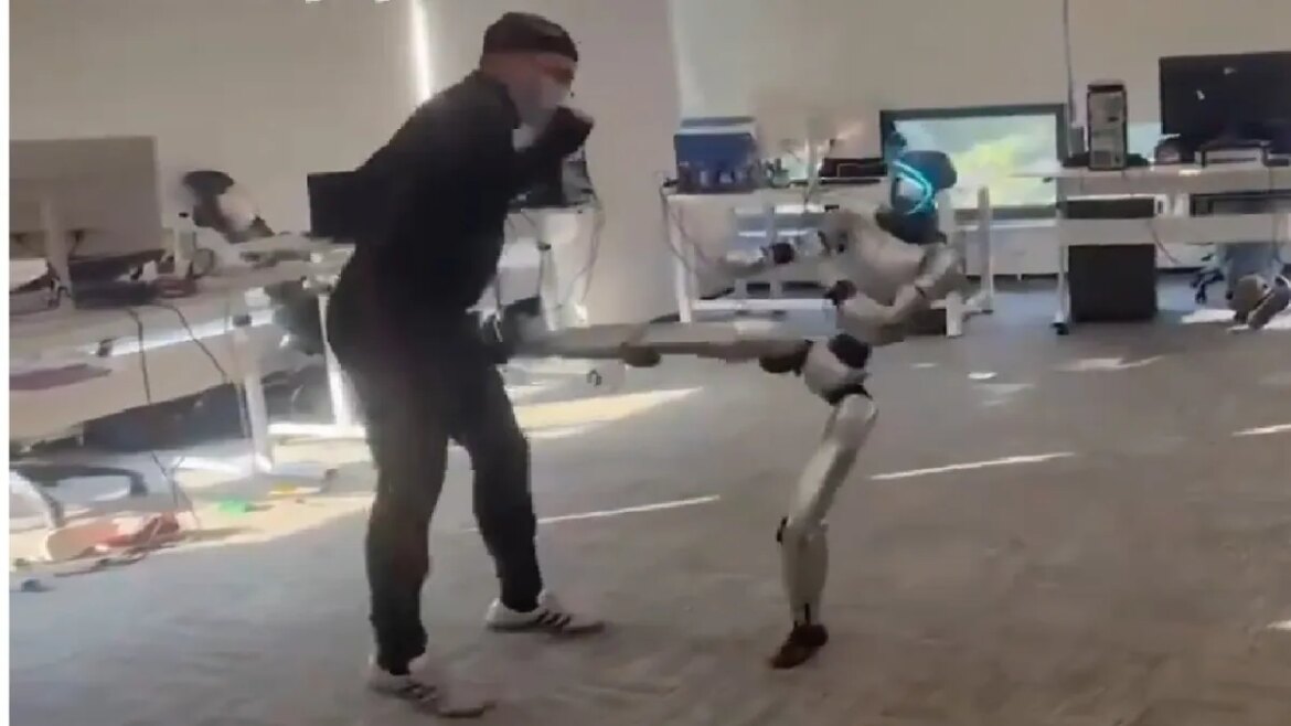 The man driving the robot accidentally kicks it straight in the nutsack

