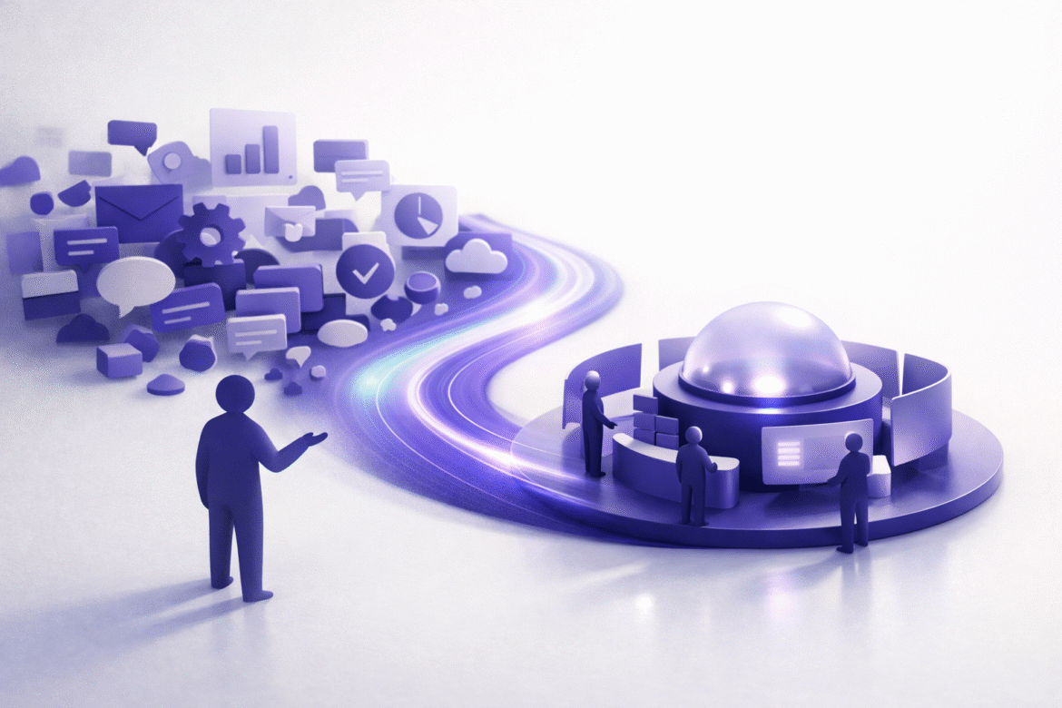 Duotone illustration of scattered AI agent tools converging along a diagonal flow into one governed hub, representing the consolidating AI agent market
