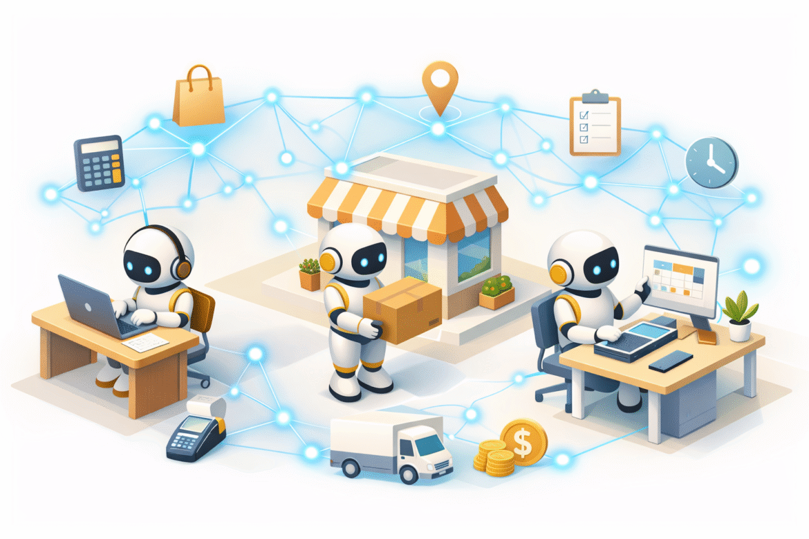Isometric illustration of AI agents for small business automating workflows across connected tools