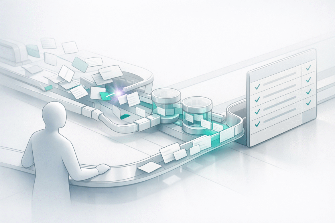 Reconciliation pipeline merging transactions into a balanced ledger, illustrating AI bookkeeping for small business