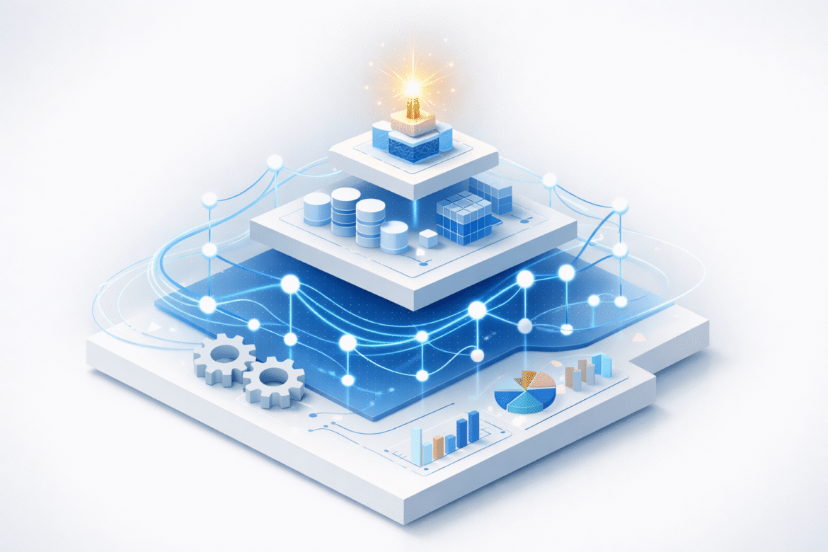 Abstract isometric illustration of AI literacy for small business as a layered knowledge and skills structure with glowing blue data nodes and a gold spark.