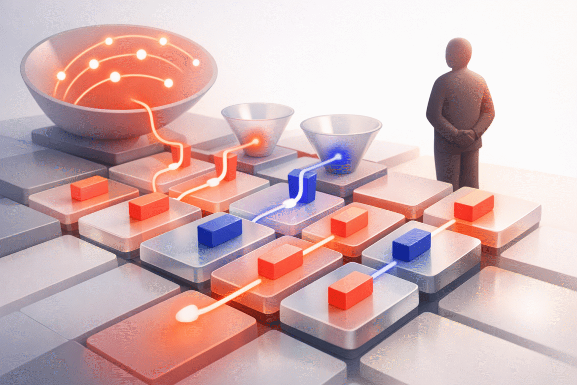 Abstract flat-vector communication hub routing incoming calls into a booking grid, illustrating an AI receptionist for small business