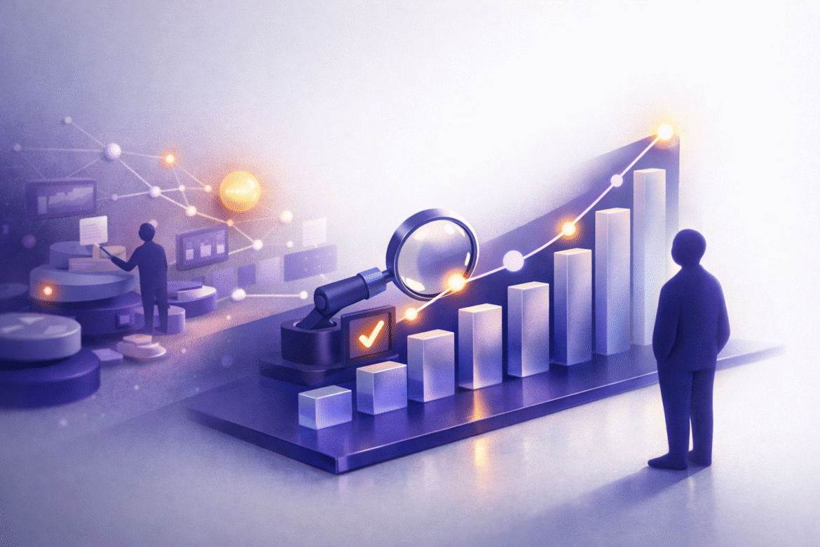 Abstract illustration of measuring AI ROI for small business as a rising, verified value graph