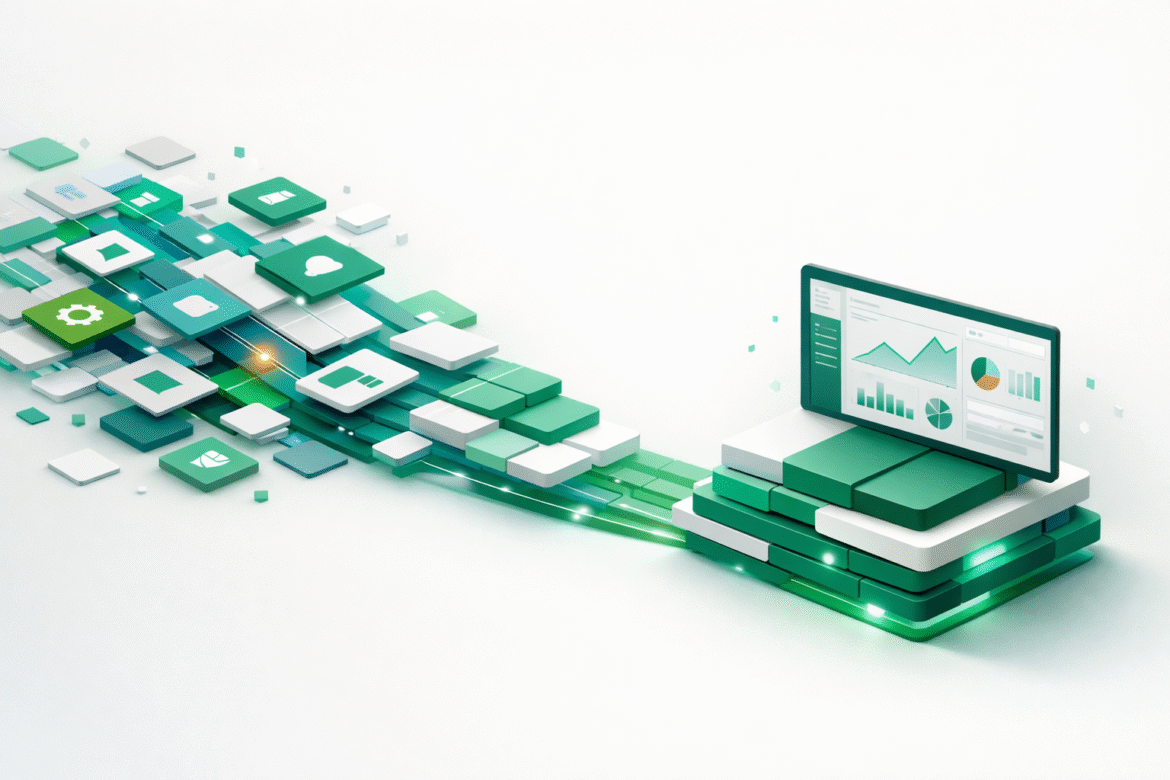Isometric abstract illustration of taming AI tool sprawl for small business — scattered app tiles consolidating into one governed stack