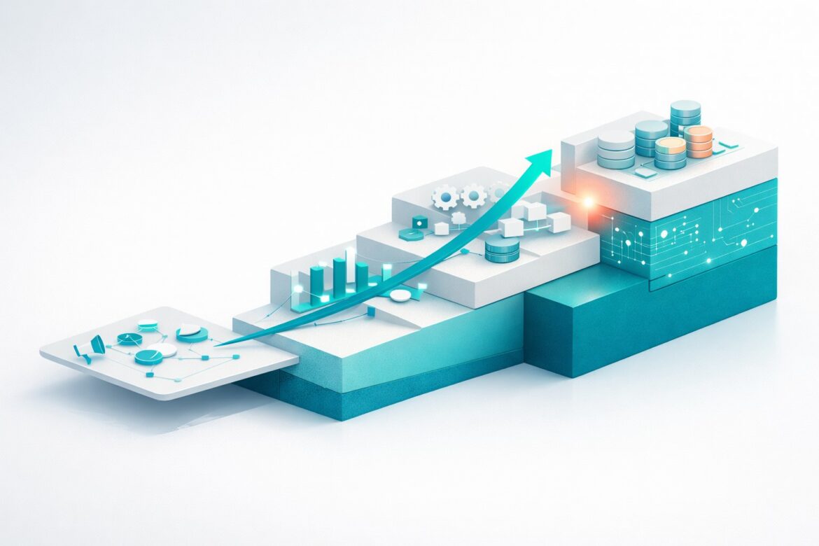 Abstract ascending stepped diagram showing AI for women entrepreneurs rising from surface marketing use into deep operational and financial workflows