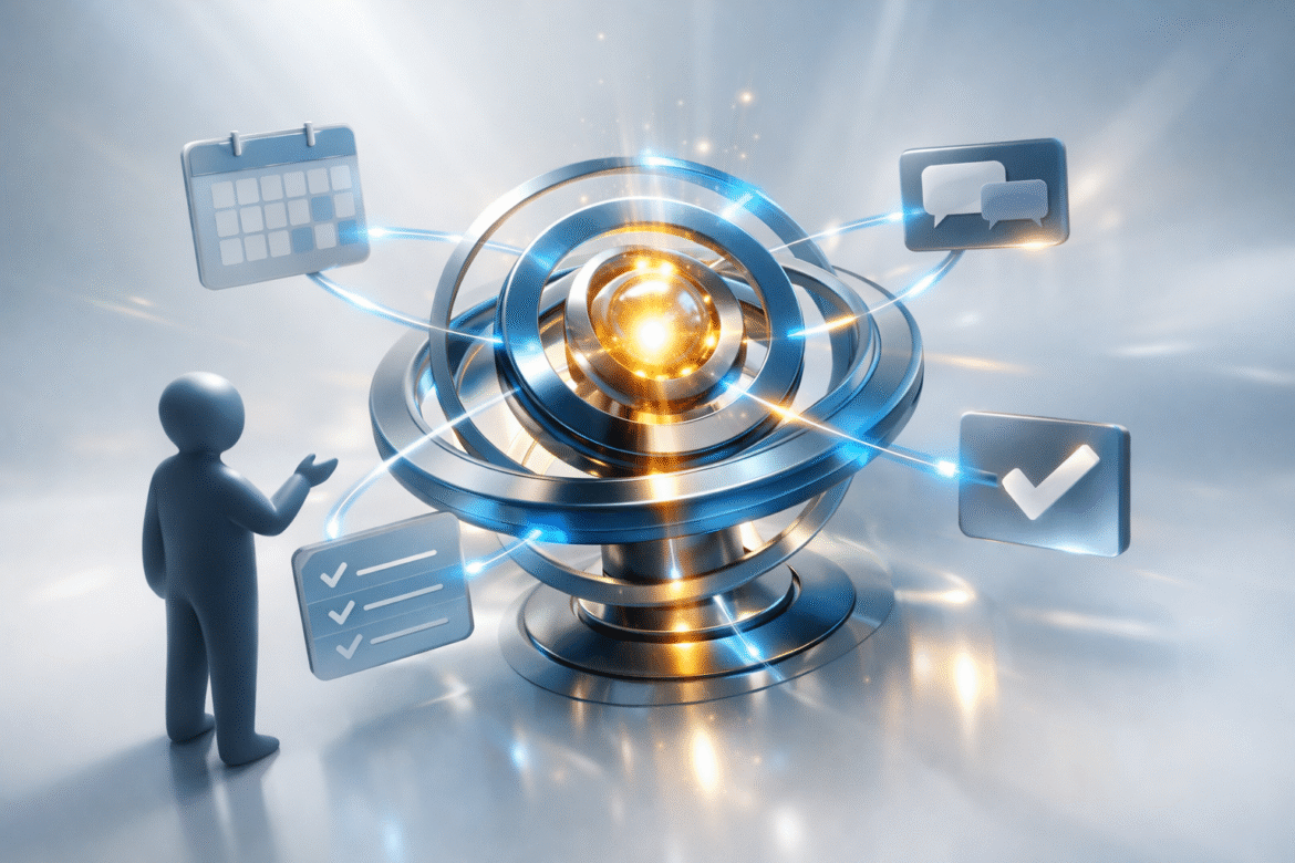 Cinematic 3D illustration of always-on AI agents orchestrating background tasks while a faceless figure delegates work
