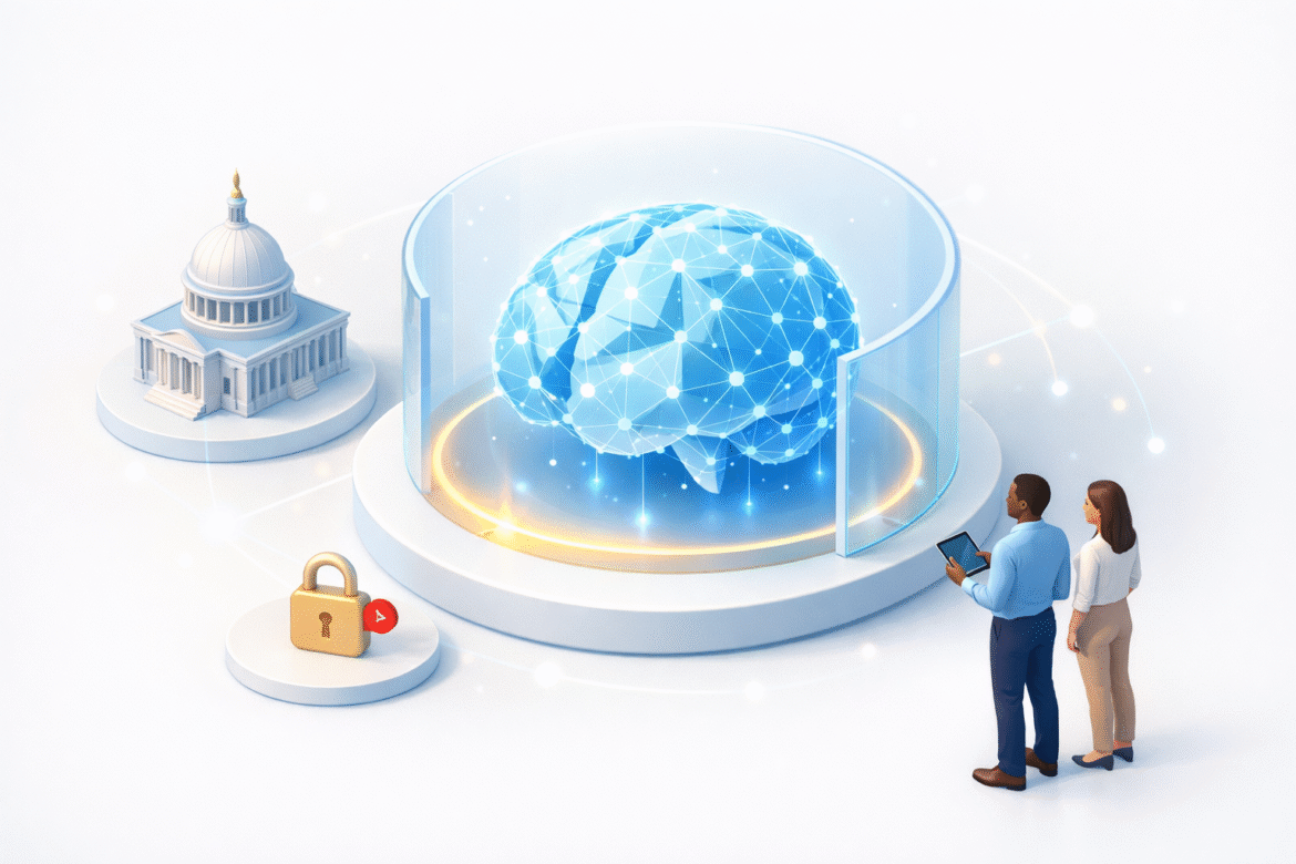 Isometric illustration of an AI brain behind a barrier beside the US Capitol, symbolising the US government blocking access to Claude