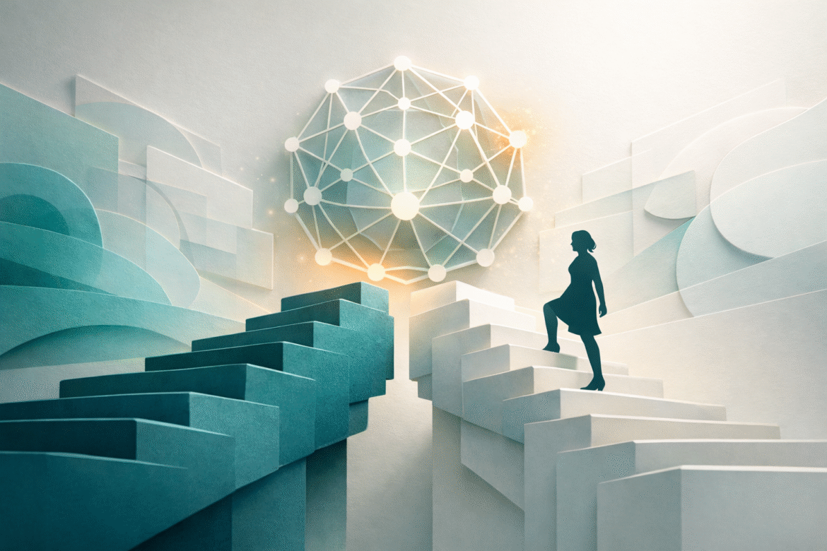 Layered paper-cut illustration of two ascending stepped paths drawing level, symbolizing the women-owned business AI adoption gap closing