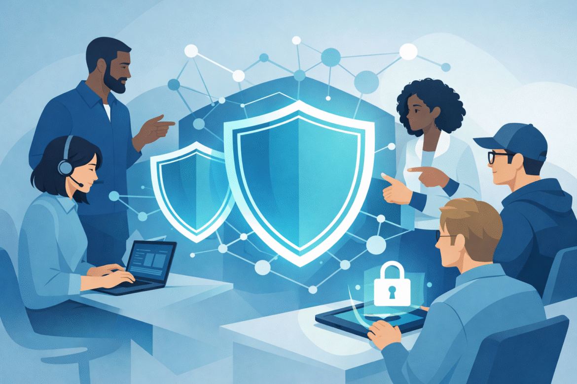 Illustration of a high-performance cybersecurity team collaborating around digital shields and network nodes