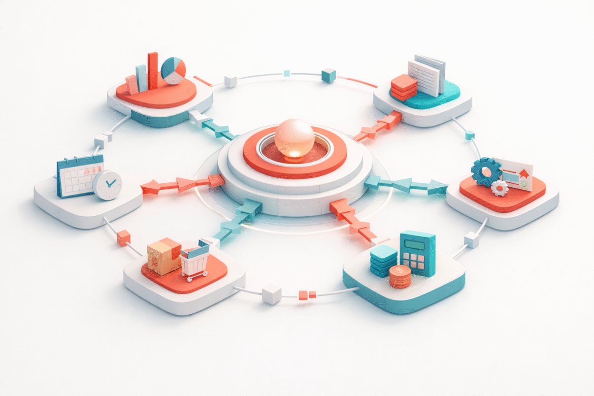 Abstract multi-agent orchestration hub coordinating specialist AI agents for a small business workflow