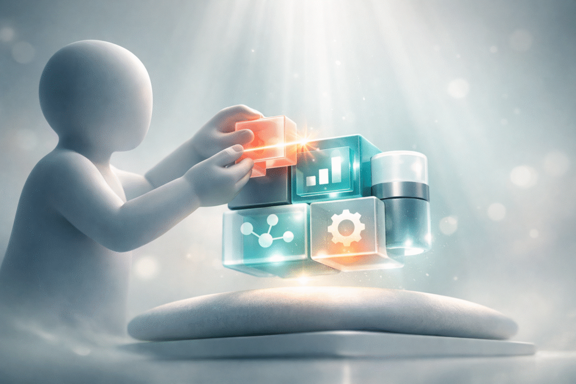 Cinematic 3D illustration of no-code AI agent builders as a faceless figure snaps modular blocks into one automation agent