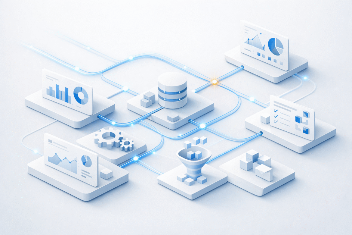 Isometric abstract illustration of AI implementation for small business — workflows routing through connected nodes and dashboards