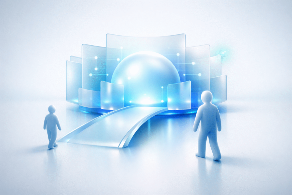 Two faceless figures reaching one glowing AI hub via a bridge, symbolizing closing the women AI adoption gap