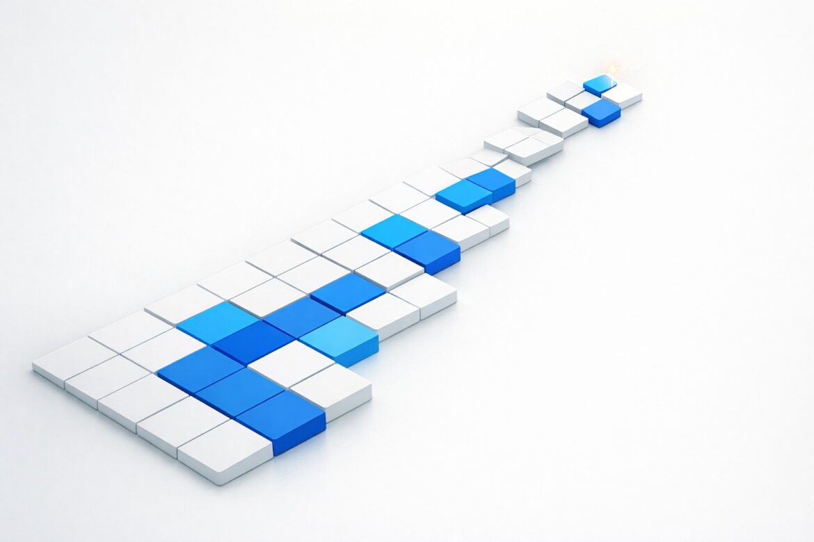 Abstract ascending tile pipeline illustrating the women in AI leadership gap and the path to senior roles