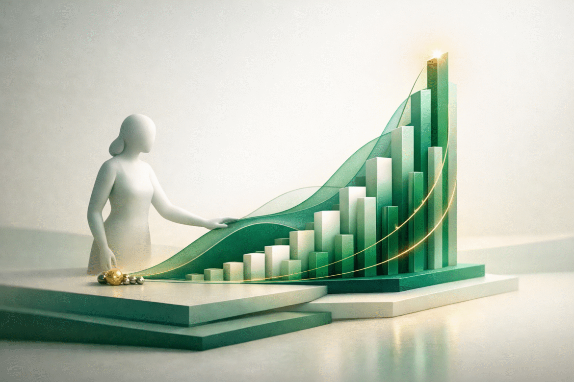 Abstract illustration of women-led AI startups growing tall from a small seed of capital