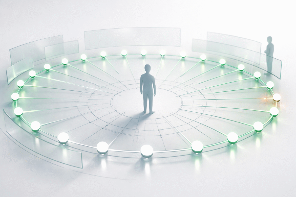 Emerald blueprint-style illustration of a faceless silhouetted figure at a radial hub with lit outer connections and an unlit core, symbolizing AI adoption among women entrepreneurs that is broad but not yet embedded