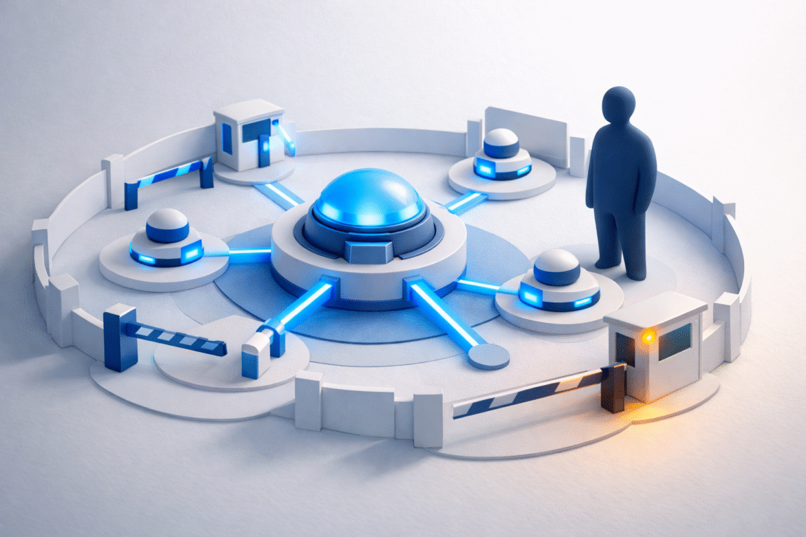 Abstract illustration of AI agent governance for small business, with protective gates around helper units branching from a central hub
