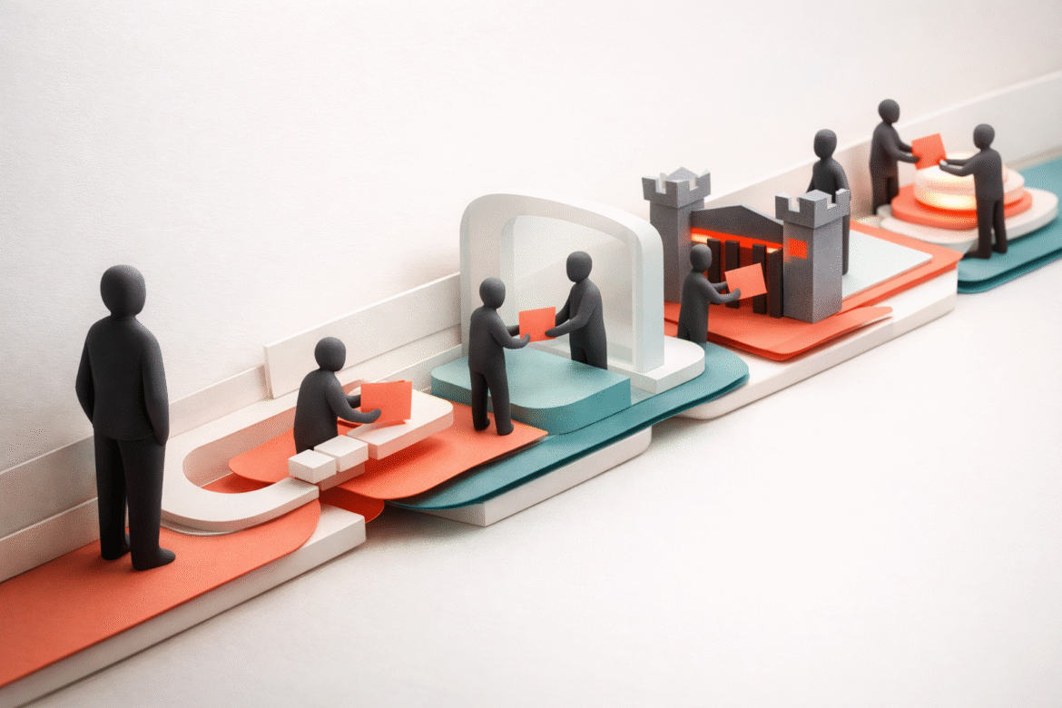 Paper-cut collage of AI agents for small business passing a task along a governed pipeline through checkpoints