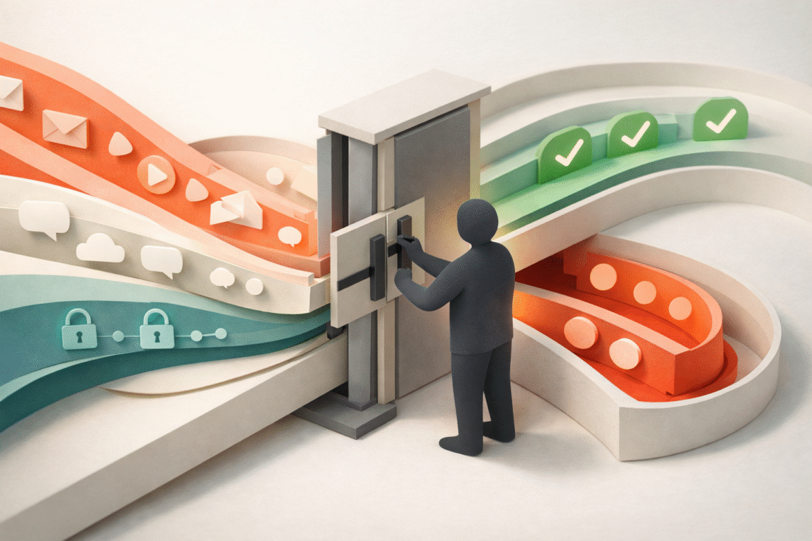 Paper-cut collage illustration of a gateway sorting AI crawlers into allow and block lanes for a small business website