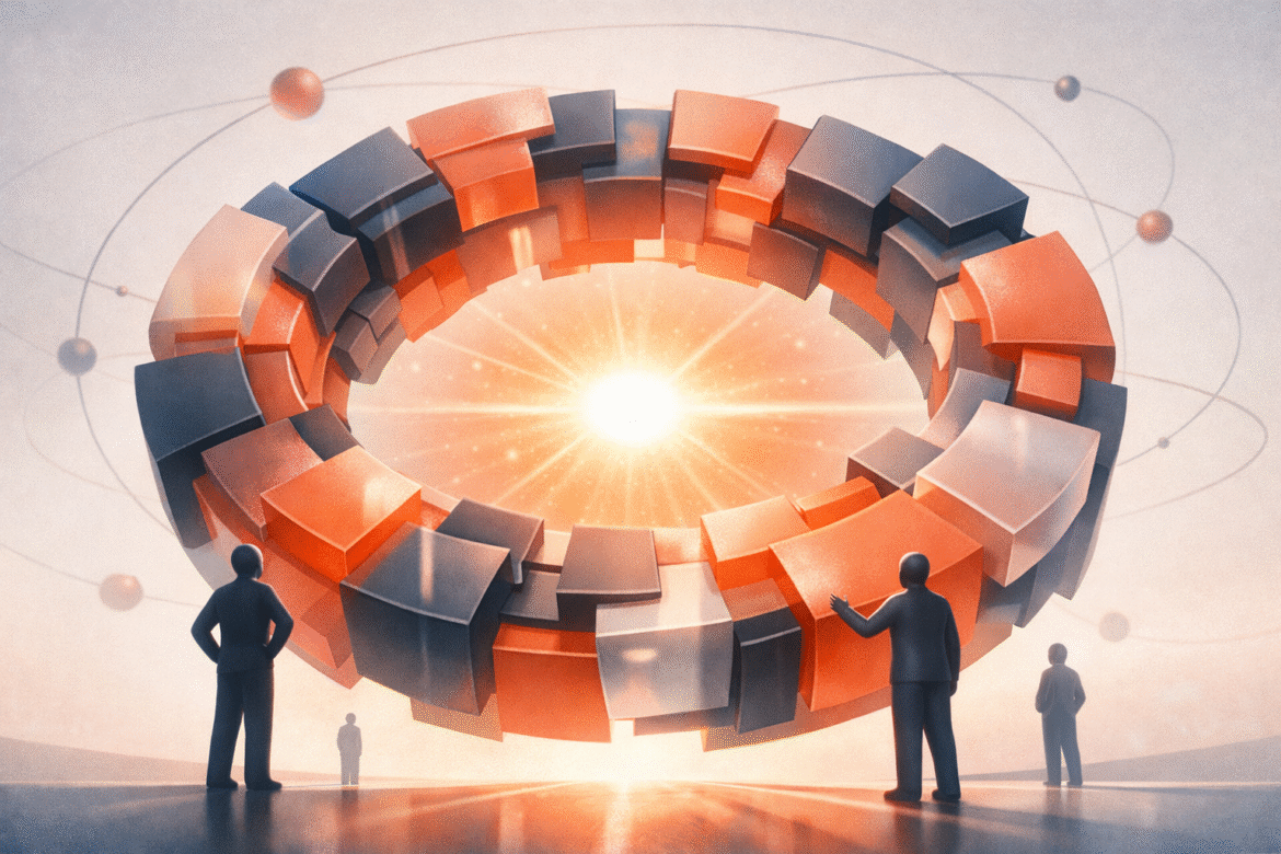 AI for Good Global Commission shown as a coral duotone round-table ring of segments converging on one shared core