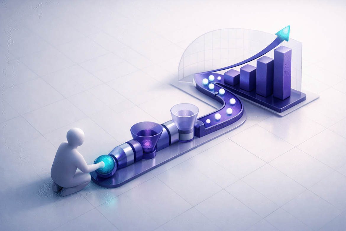 AI ROI for small business shown as one focused workflow pipeline feeding an ascending growth chart