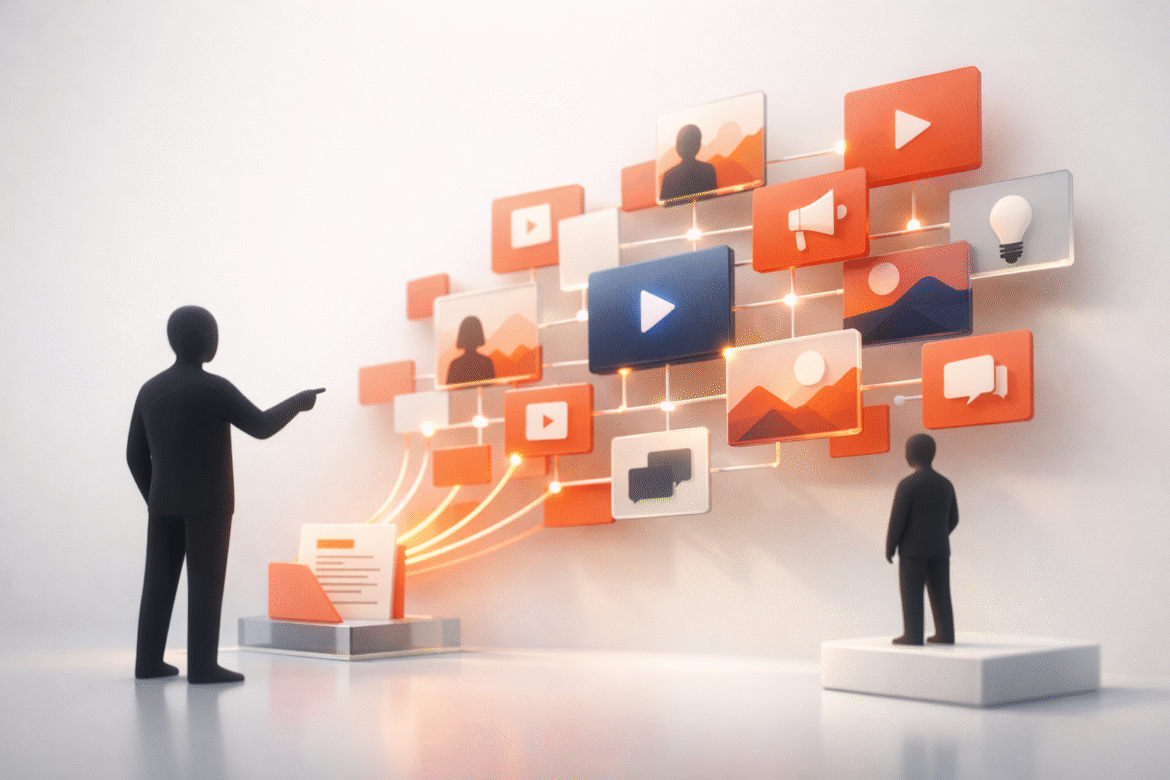 Abstract illustration of AI video for small business: one brief expands into a connected grid of short marketing video frames