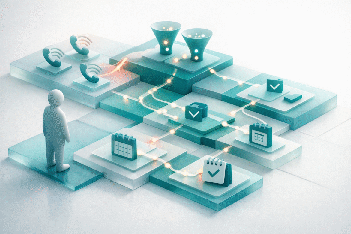 Abstract illustration of AI voice agents for small business answering, routing and booking calls across a connected grid of workflow stages