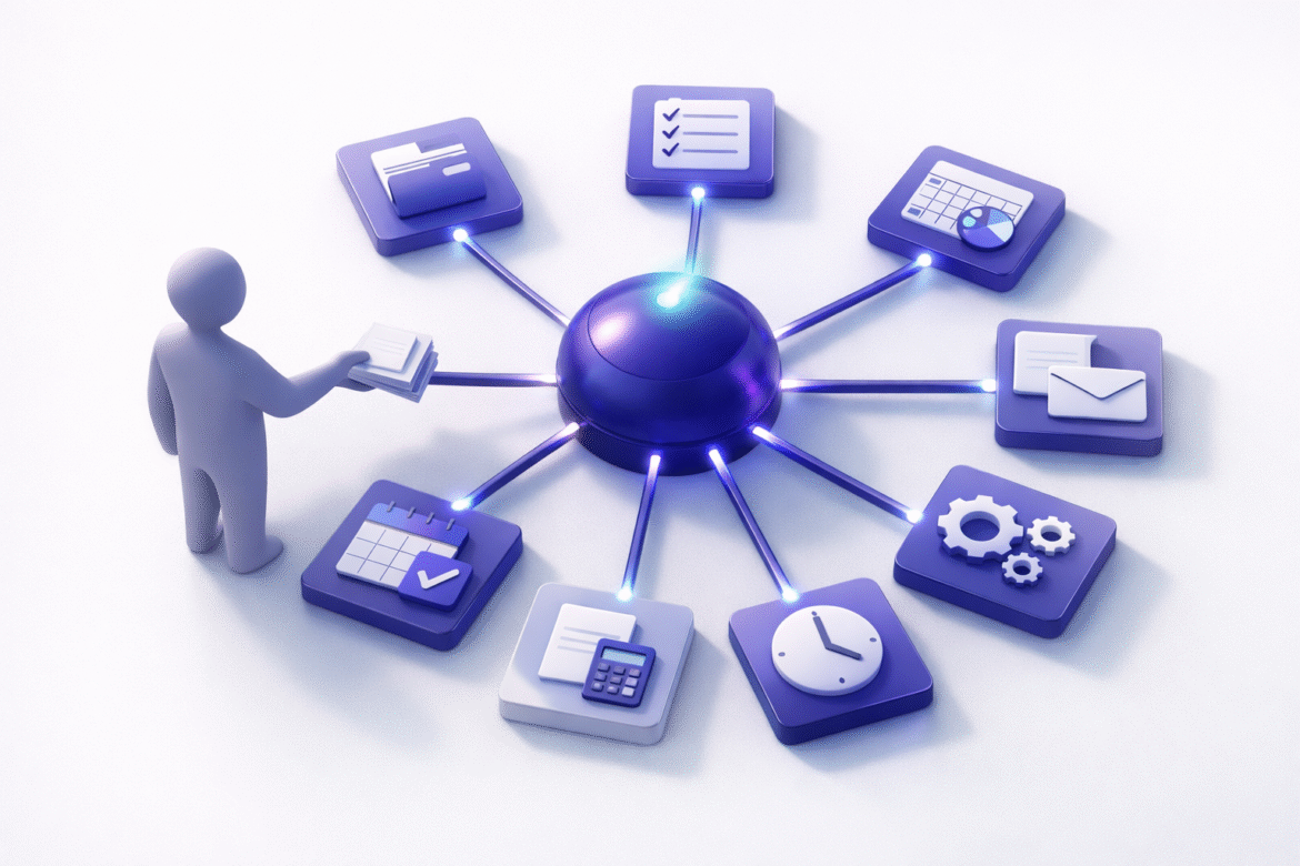 AI workflow automation for small business shown as a central hub routing back-office tasks to connected tiles