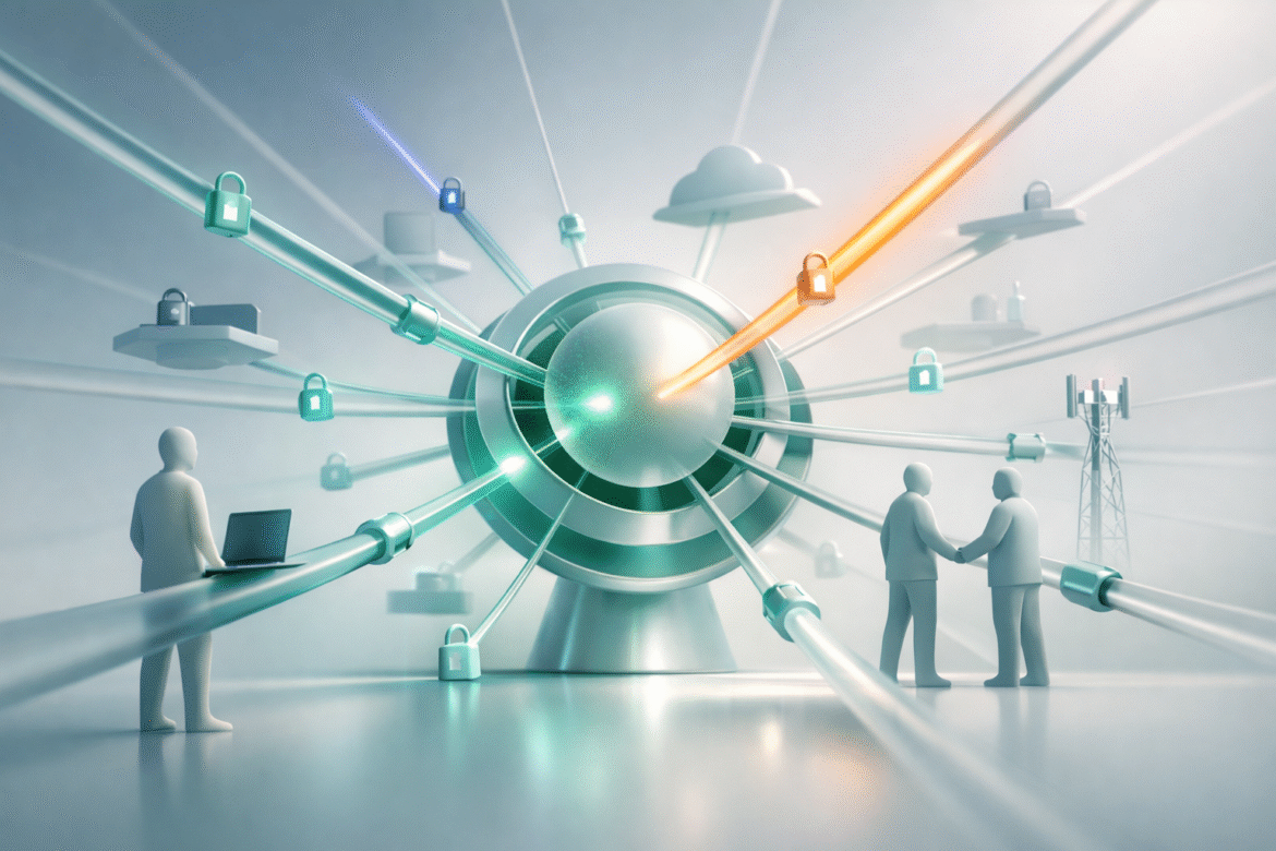 Abstract radial illustration of confidential company knowledge at a secure core, echoing the IP questions raised by the Apple OpenAI lawsuit