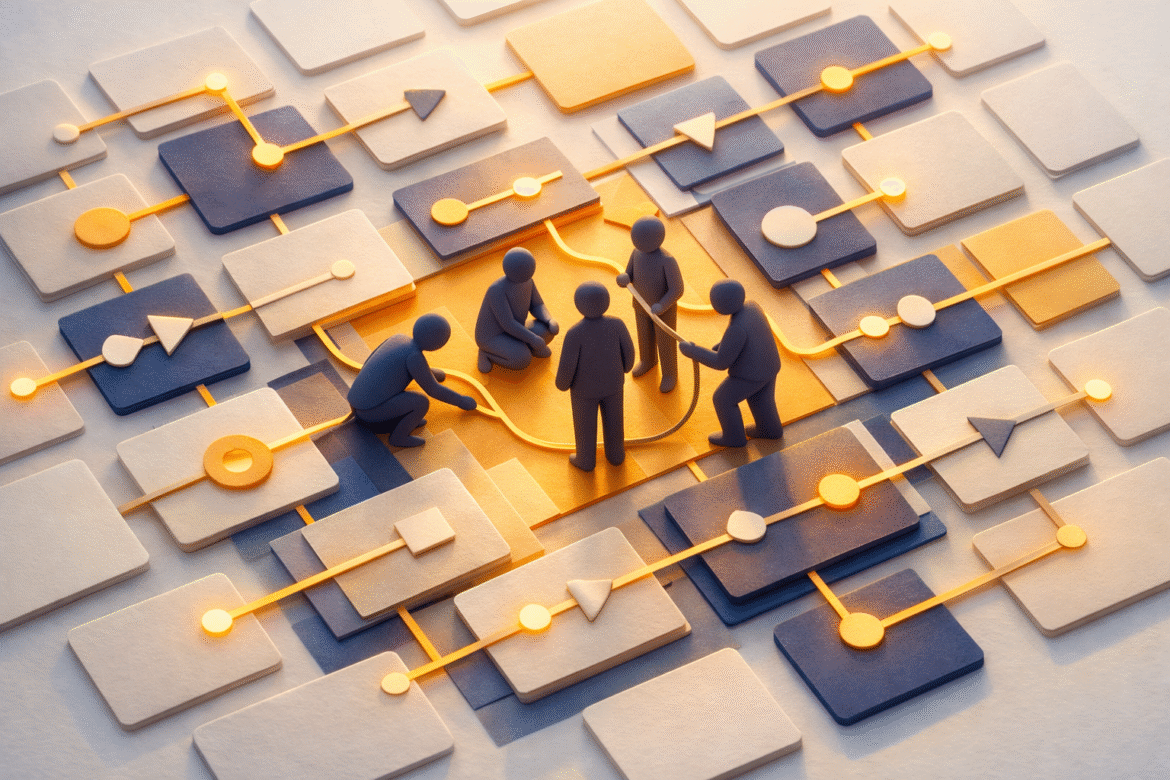 Paper-cut collage of a small embedded pod wiring a grid of workflow tiles, symbolizing AWS forward deployed engineers building AI inside client teams
