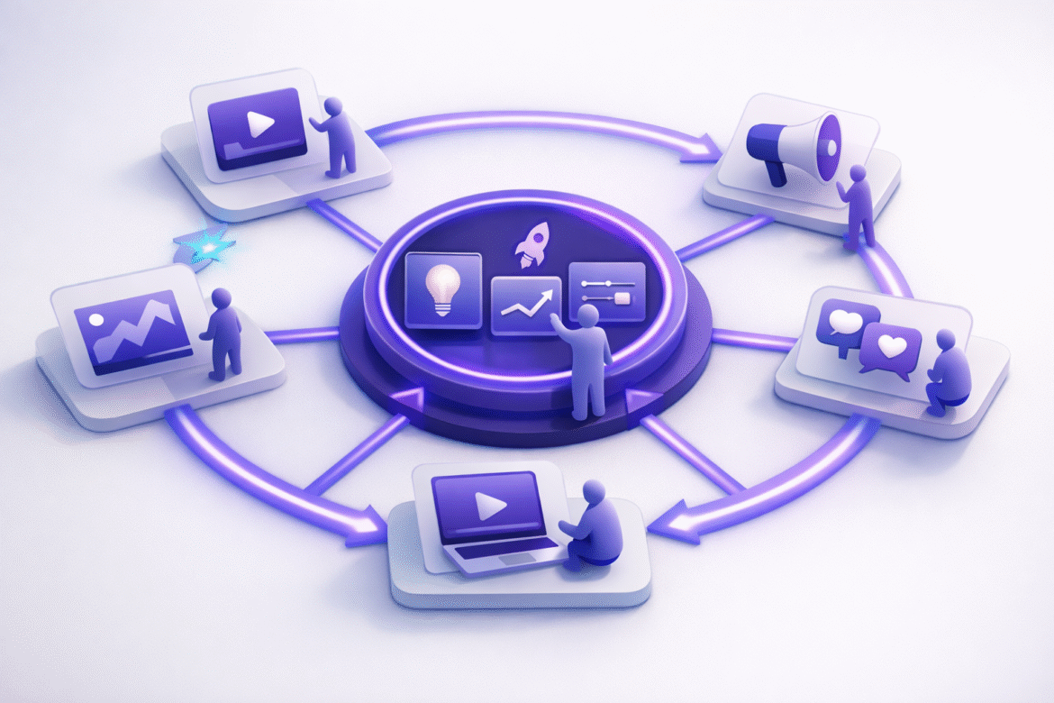 Central hub linking ad channels, representing an all-in-one AI marketing for small business workflow