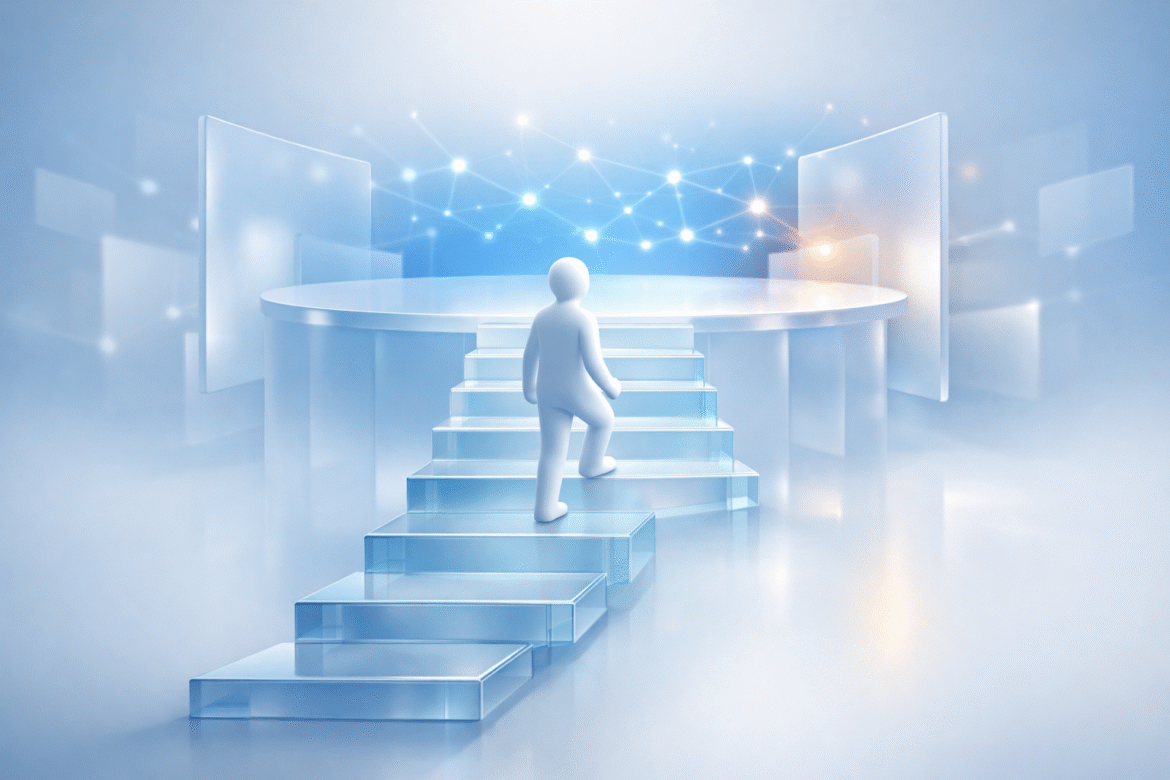 ChatGPT for small business: faceless figure climbing glass steps up to an open AI platform
