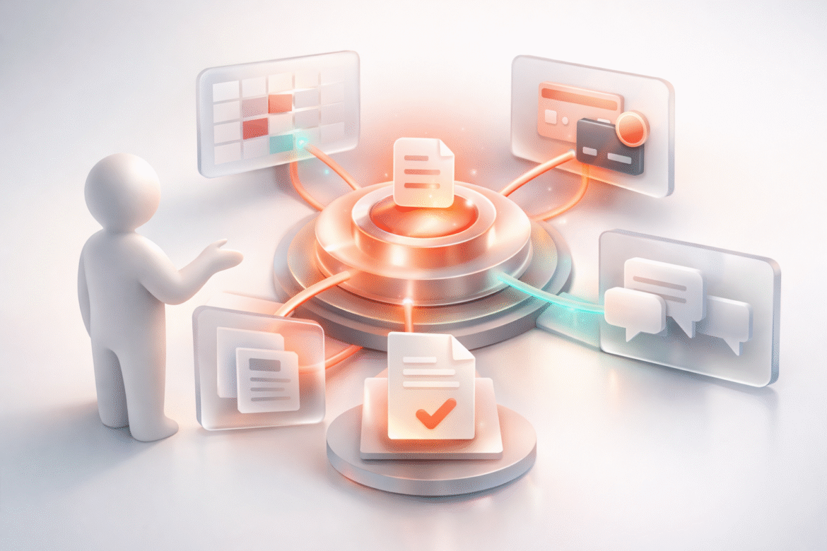 Central assistant hub routing a task through connected business apps, illustrating ChatGPT for small business