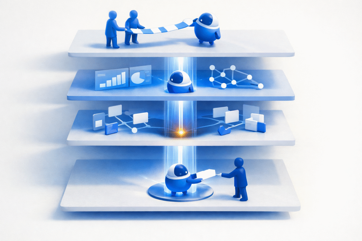 Abstract layered illustration of a small team delegating a multi-step task to a ChatGPT Work agent across connected business systems