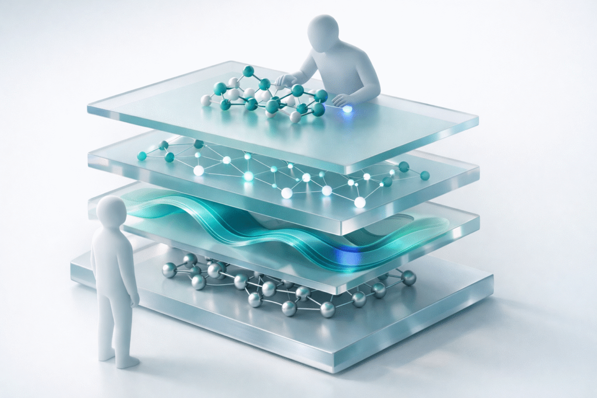 Isometric 3D illustration of a layered research workbench with molecular structures, representing the Claude Science platform for drug discovery