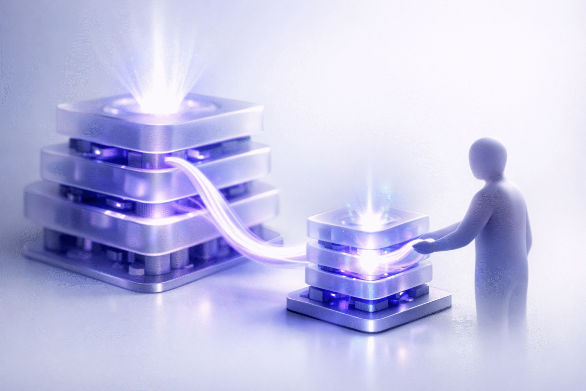 Abstract glassmorphism illustration of a compact luminous core powering layered workflow bands, representing Claude Sonnet 5 delivering near-flagship AI agent power at lower cost