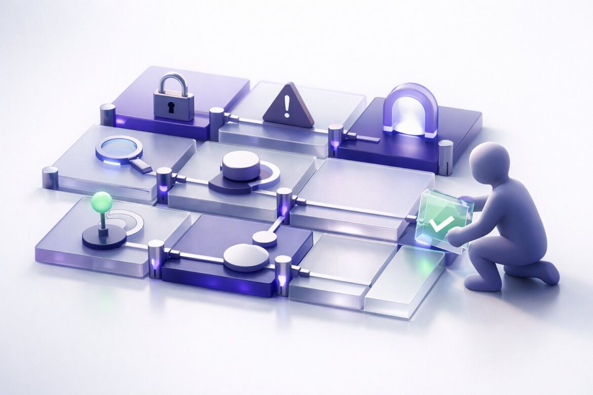 Isometric illustration of AI workflow tiles being locked into a governance framework ahead of the EU AI Act deadline