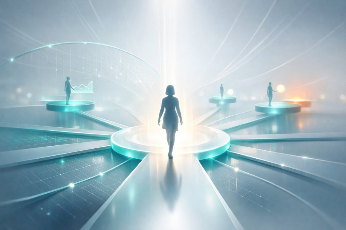Abstract hub-and-spoke illustration of free AI training for women radiating into new business capability