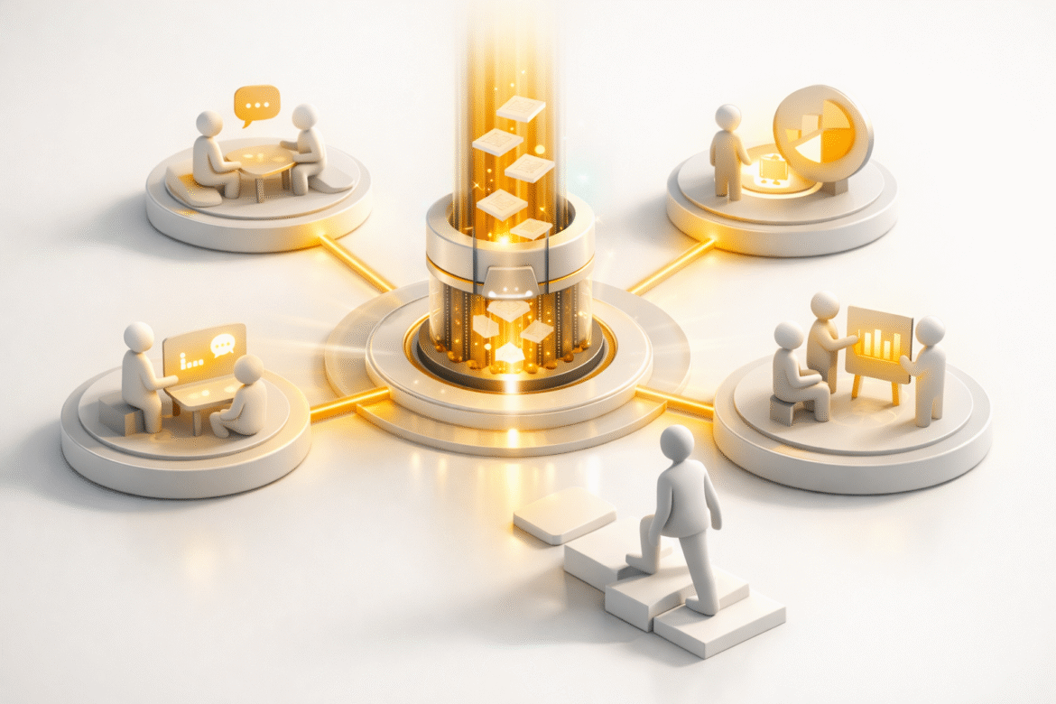 Abstract illustration of generative AI and women's jobs: routine tasks lifted into an automated hub while a figure steps up to higher-value work