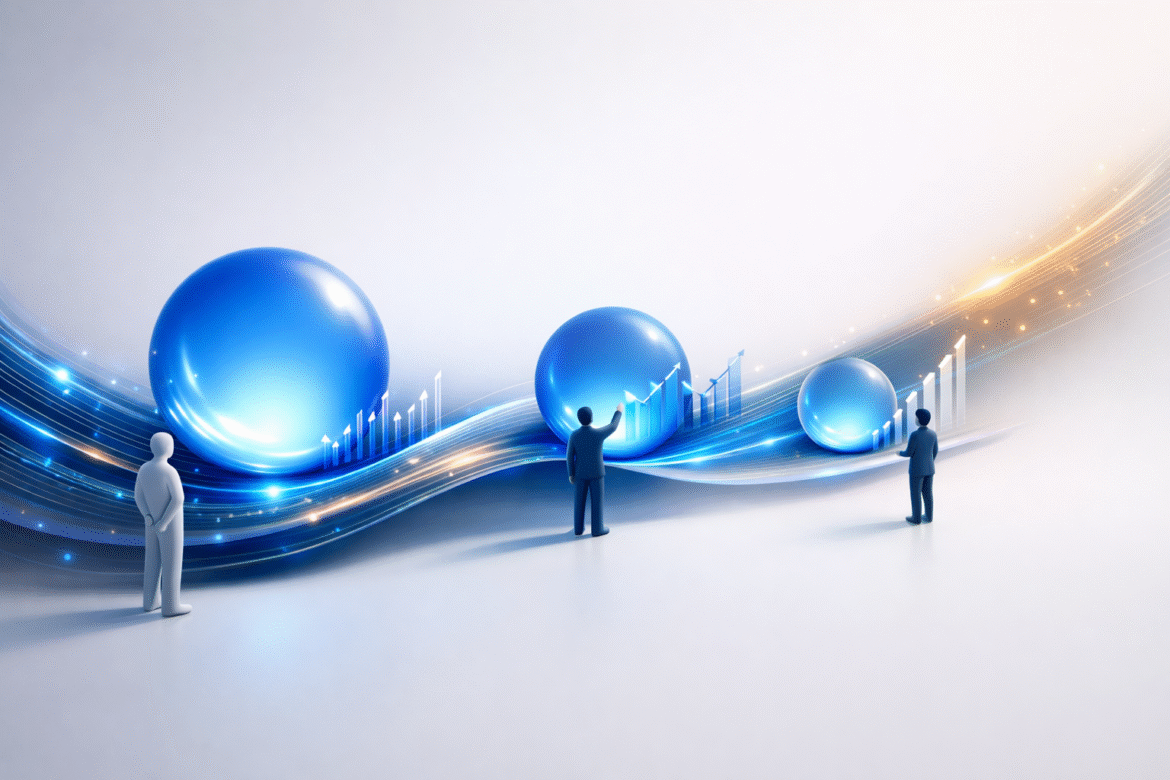 Abstract data-as-art illustration of three graduated glowing spheres on a flowing data ribbon, representing the GPT-5.6 Sol, Terra and Luna model tiers