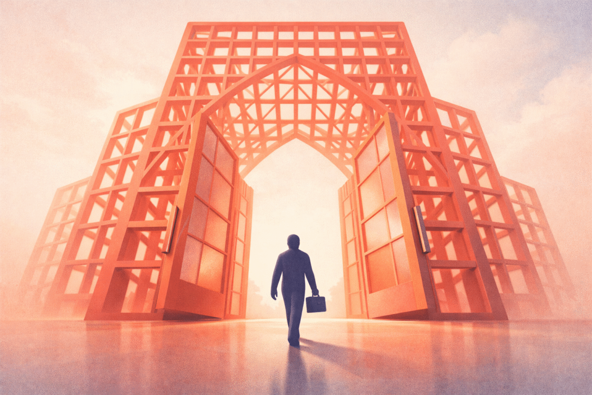 Editorial duotone illustration of a monumental open lattice structure with a faceless silhouetted figure, representing the LongCat-2.0 open-source AI model opening frontier AI to small businesses