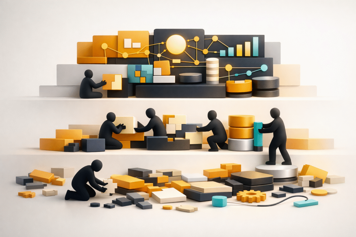 Flat vector illustration of Microsoft Frontier assembling scattered AI pilots into one working system