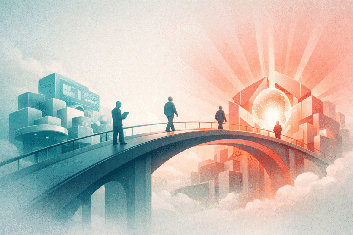 Duotone editorial illustration of a central bridge structure with faceless figures at work, symbolizing Microsoft Frontier Company embedding AI implementation teams