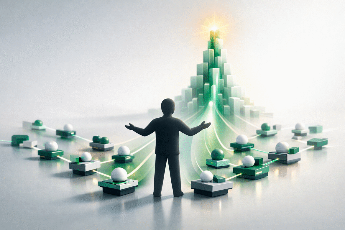 Conceptual illustration of a one-person business coordinating AI agents into scaled growth