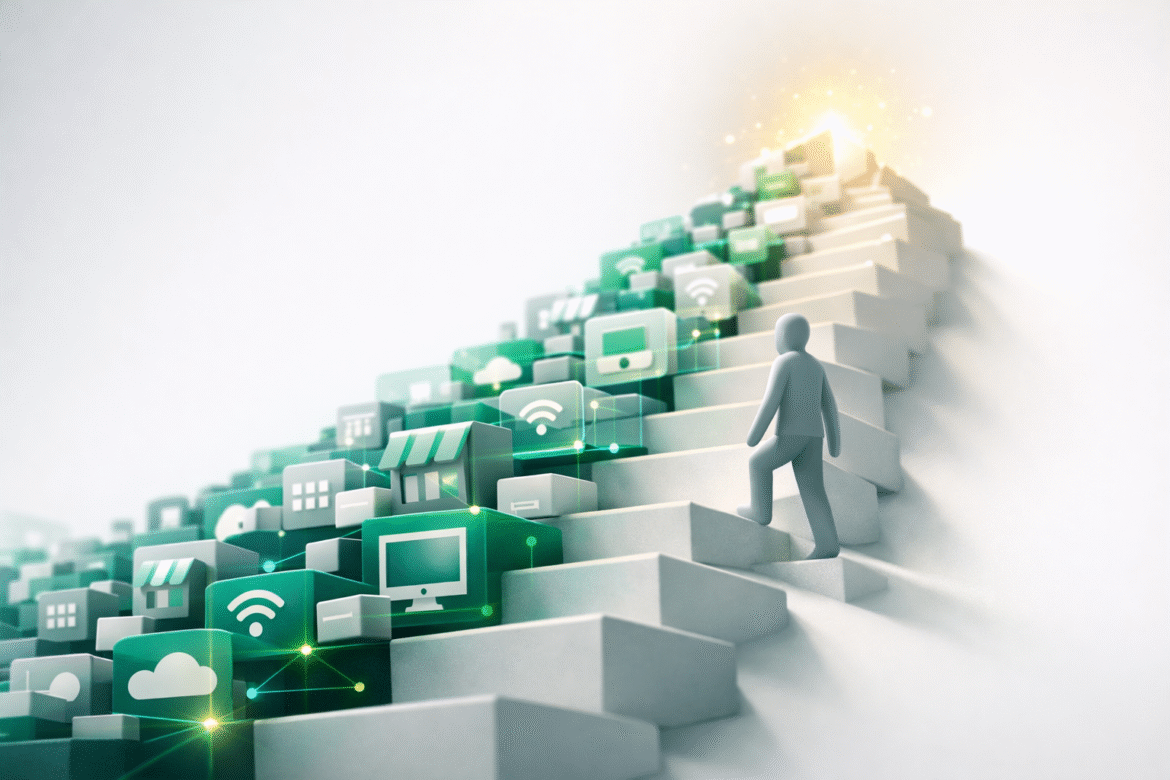 Isometric illustration of small business AI adoption rising along an ascending stepped path