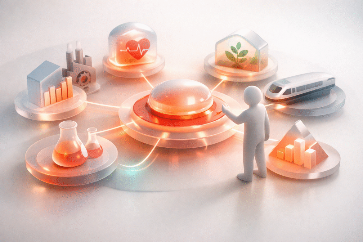 Abstract illustration of vertical AI as a central hub linking purpose-built industry-specific modules
