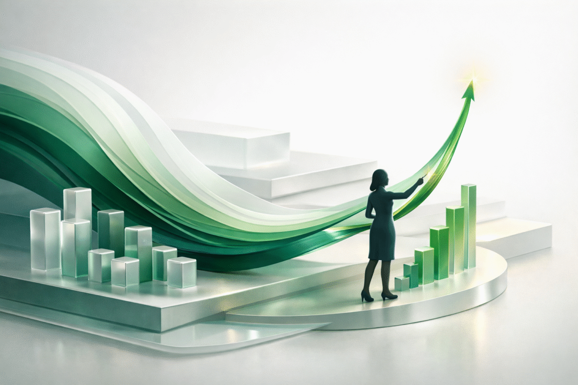 Abstract data illustration showing women AI founders receiving a thin share of funding yet driving a strong upward growth curve