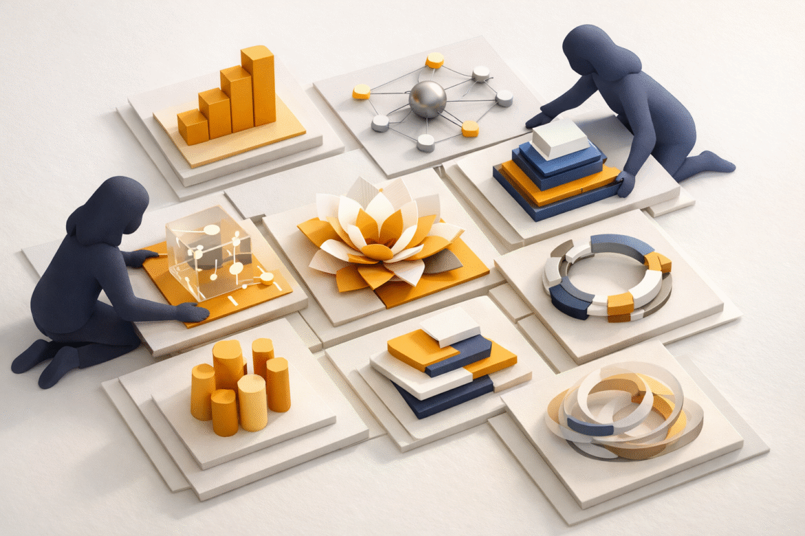 Paper-cut collage of connected tiles with faceless figures assembling structures, symbolizing women AI founders building diverse business tools