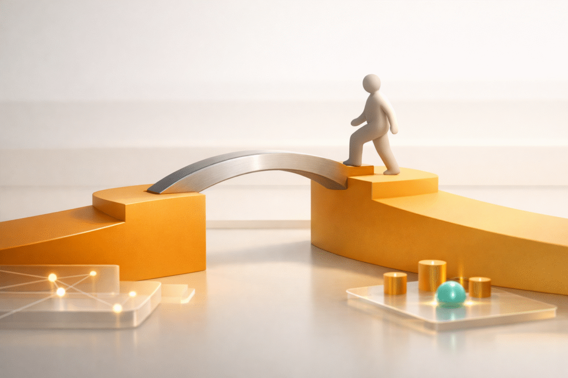 Abstract illustration of the AI gender gap narrowing as a bridge connects two ascending paths