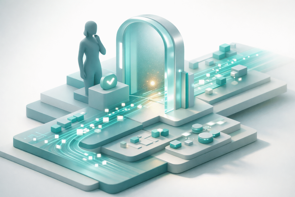 Faceless figure representing women in AI leadership overseeing a governed data workflow gate